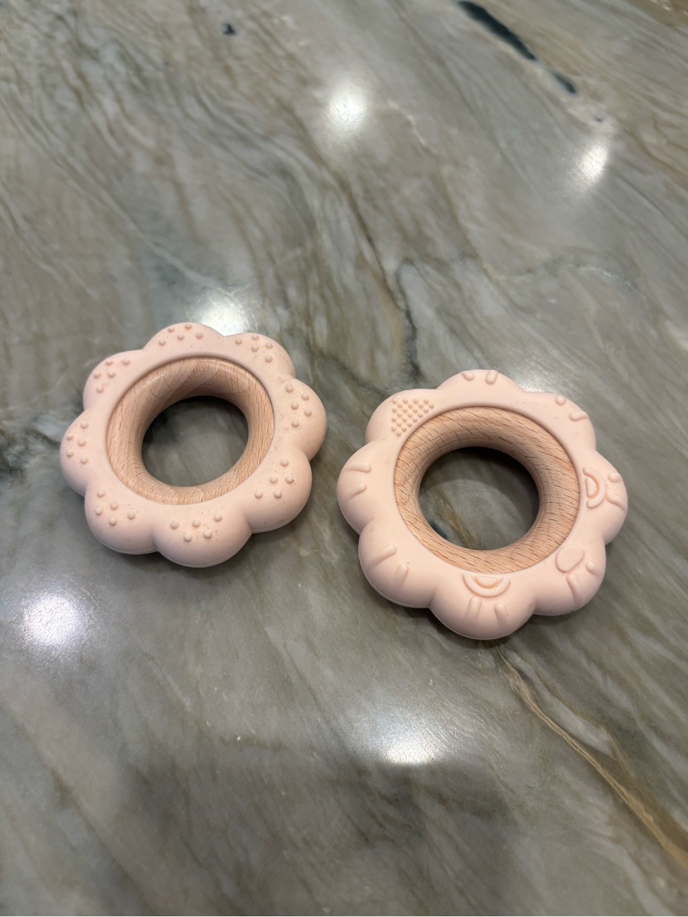 Pink Flower Silicone & Wood Baby Teether Ring - 2 Pack - Like New